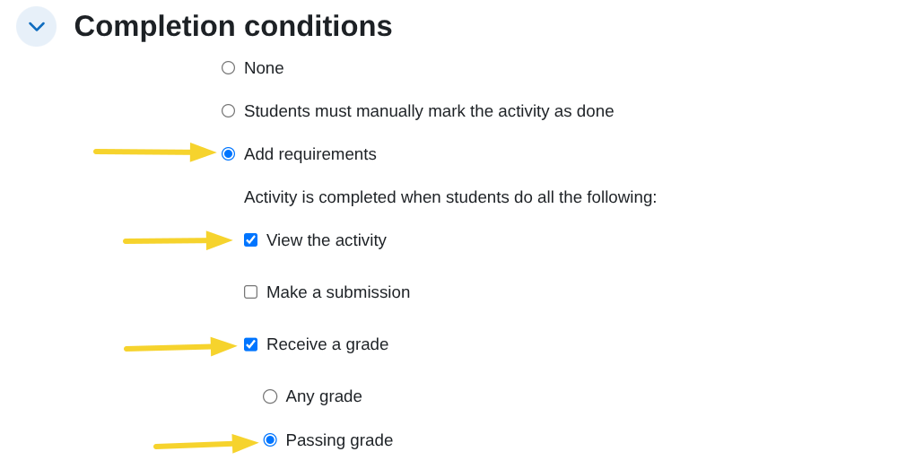 Activity completion settings showing passing grade (helpful for troubleshooting)