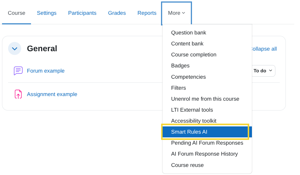 Course menu showing More → Smart Rules AI