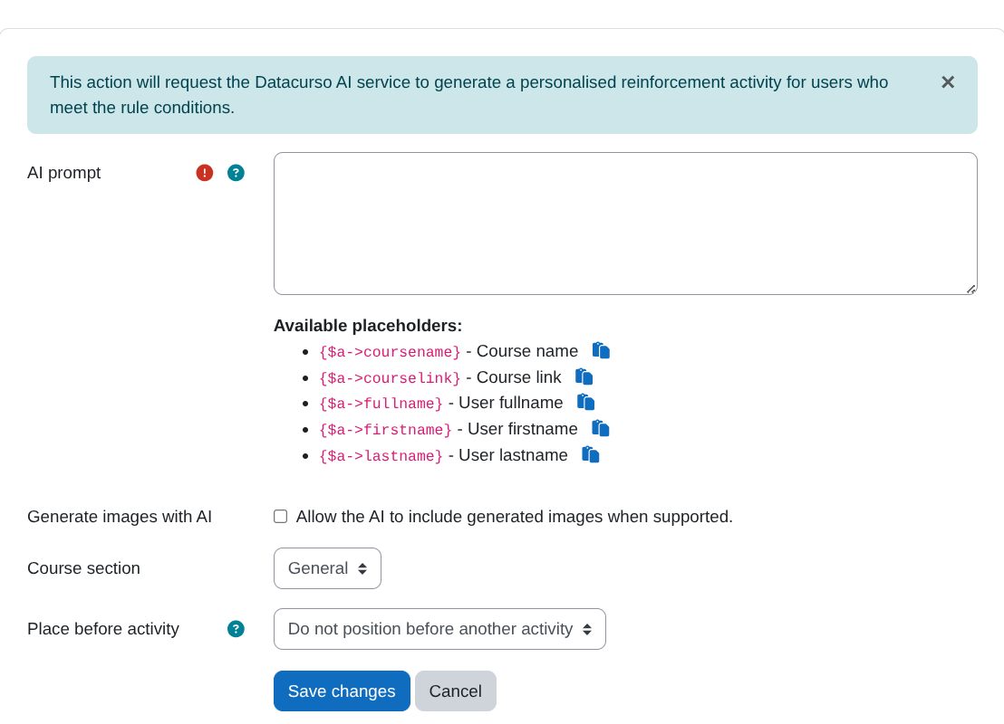 Create AI reinforcement activity configuration (prompt + section)