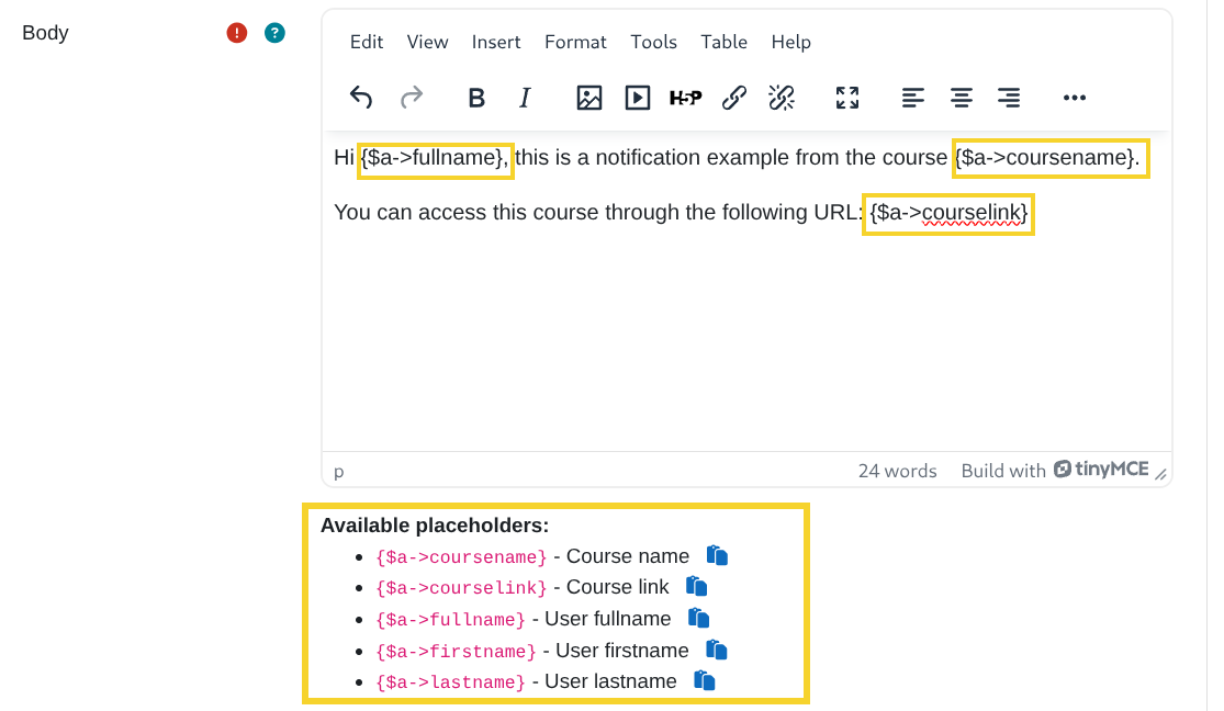 Notification placeholders
