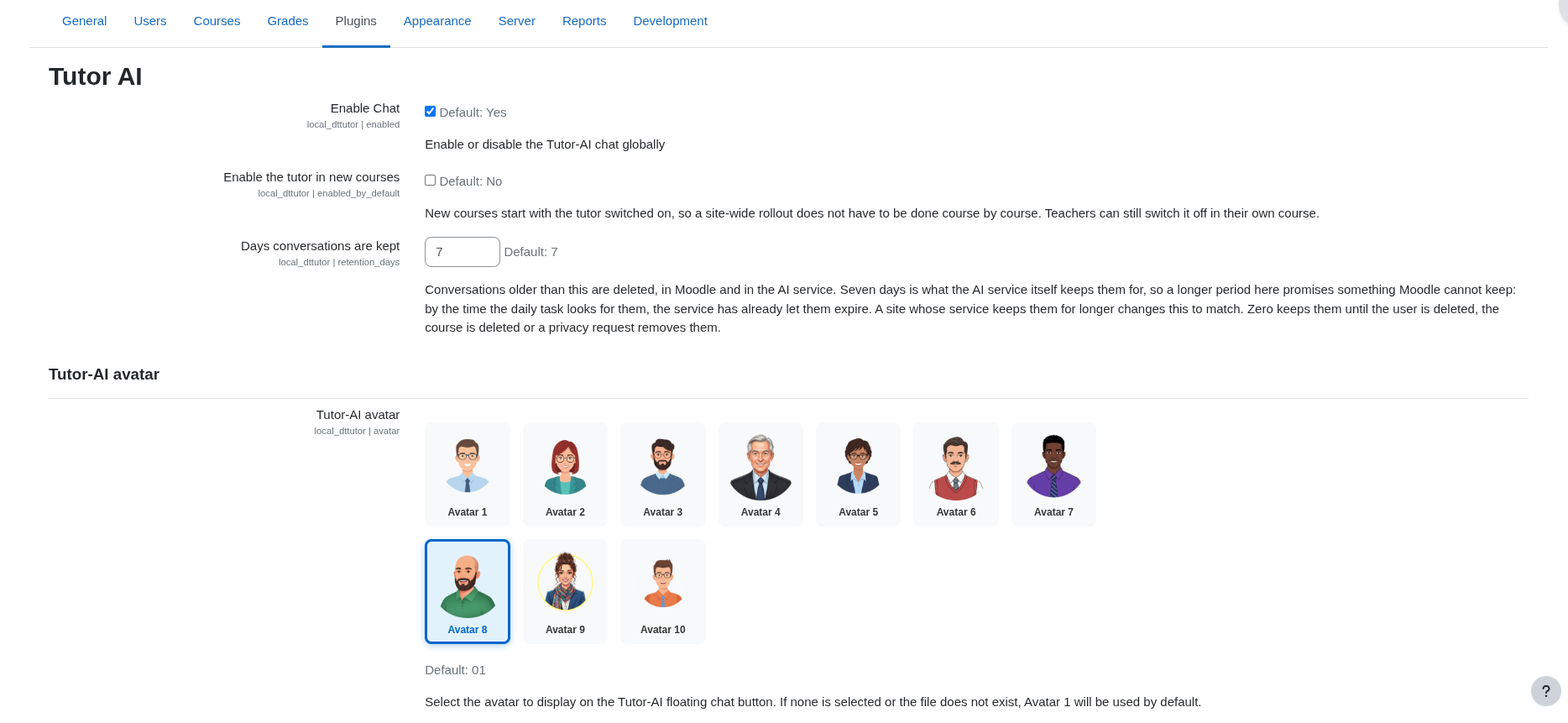 General settings and avatar selection