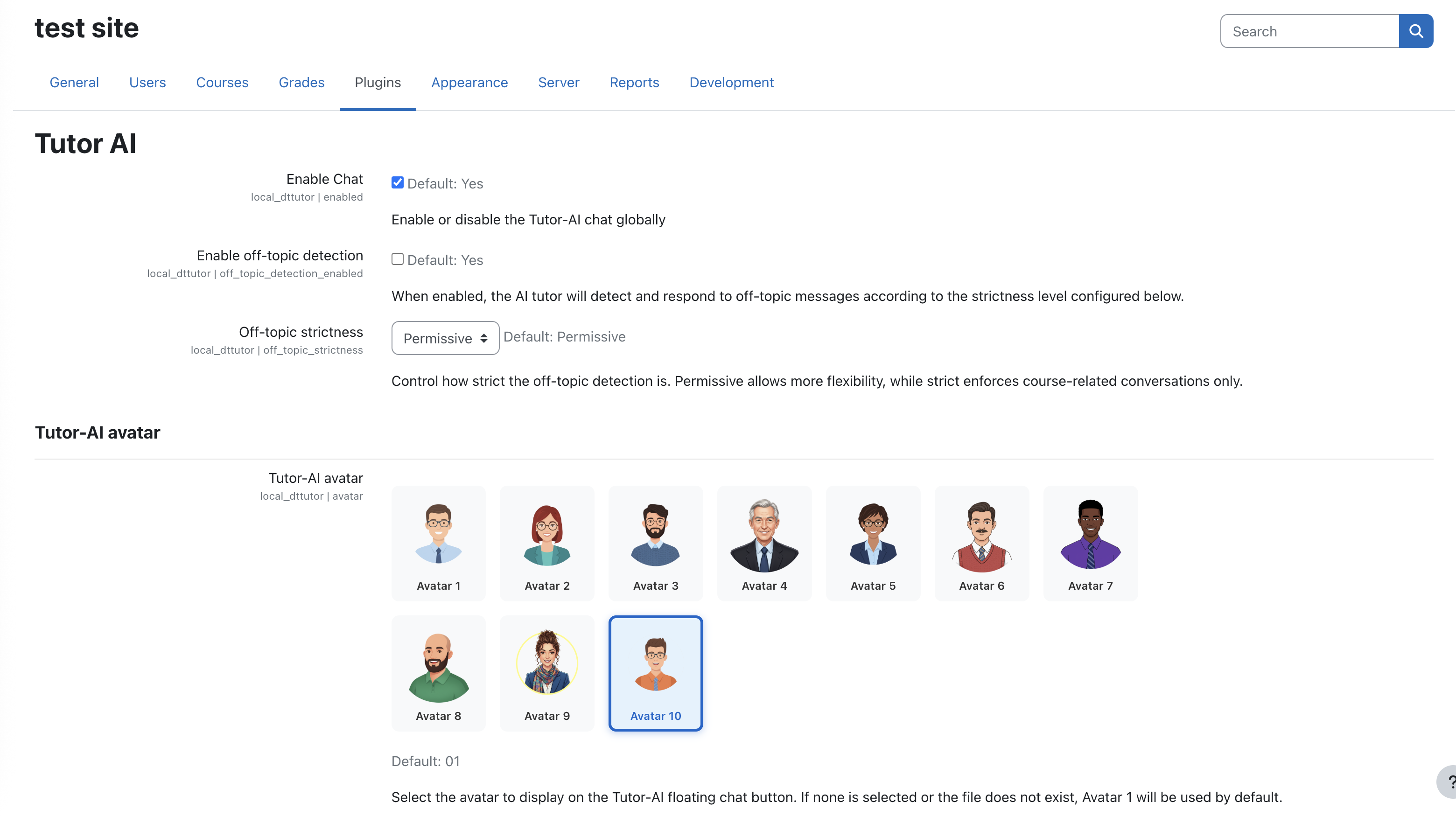 Tutor AI settings (scroll 1: general options)