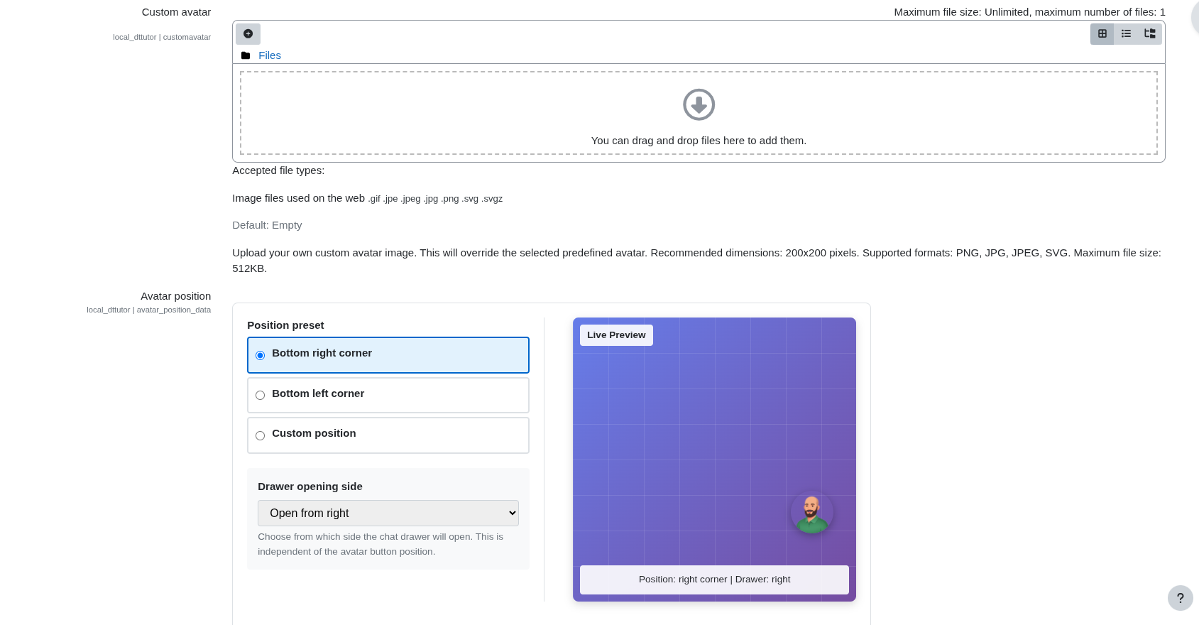 Custom avatar and avatar position with live preview