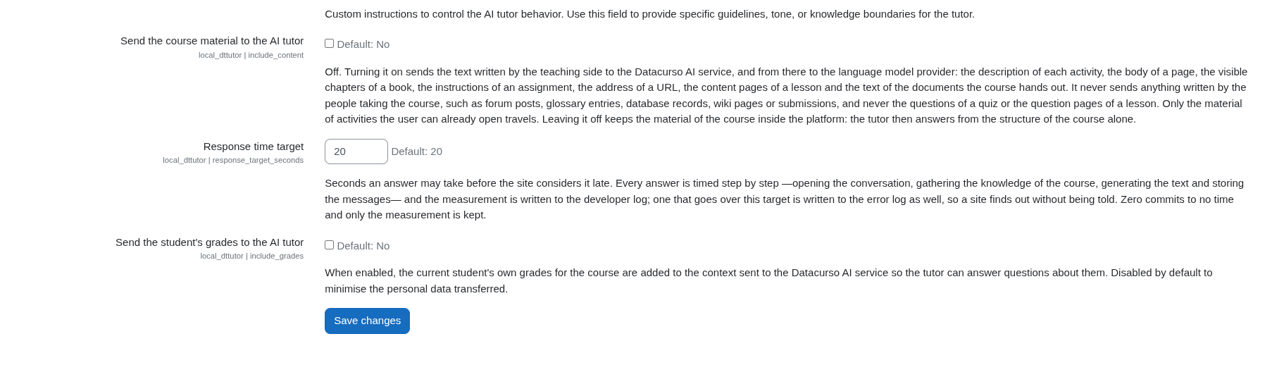 Course material, response time target and grades