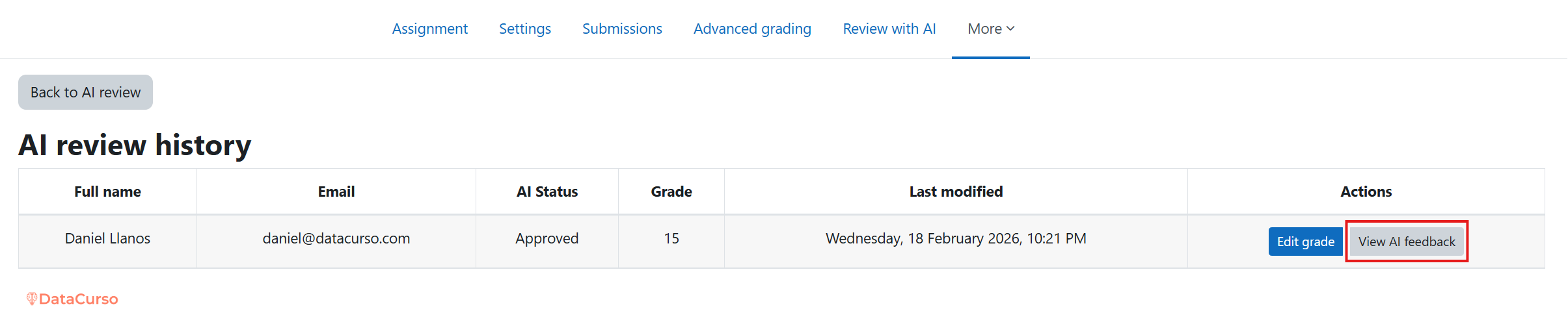 View AI feedback button
