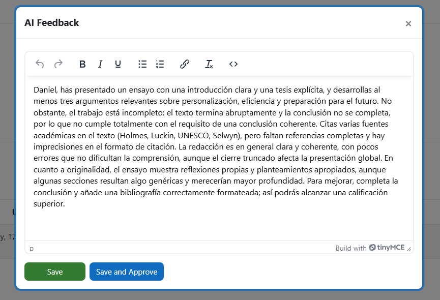 AI feedback details modal