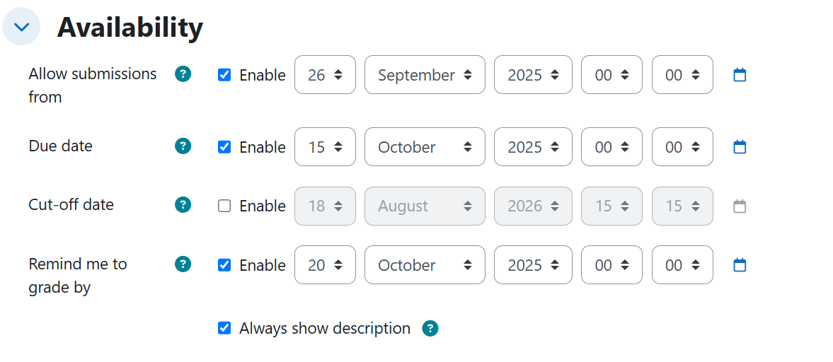 Assignment — Availability settings