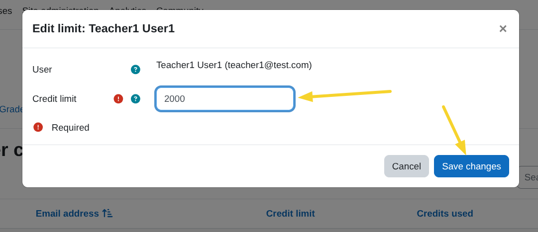 Edit user credit limit modal