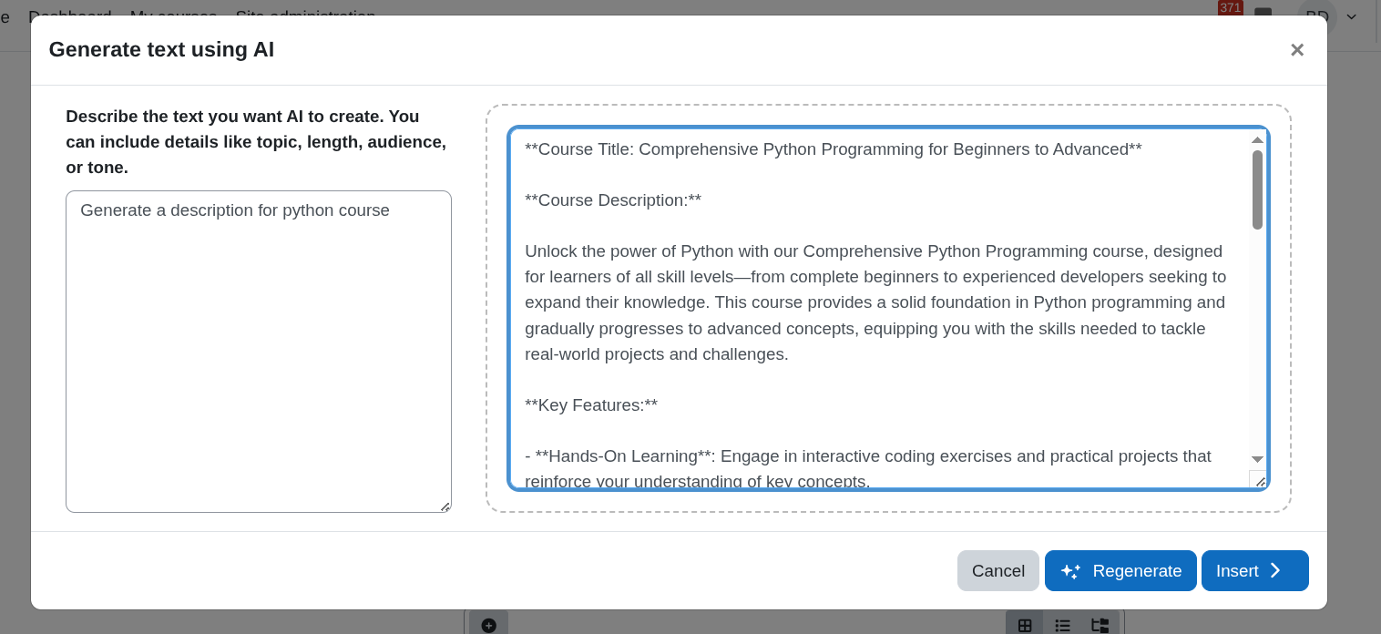 AI Generated Result in Modal