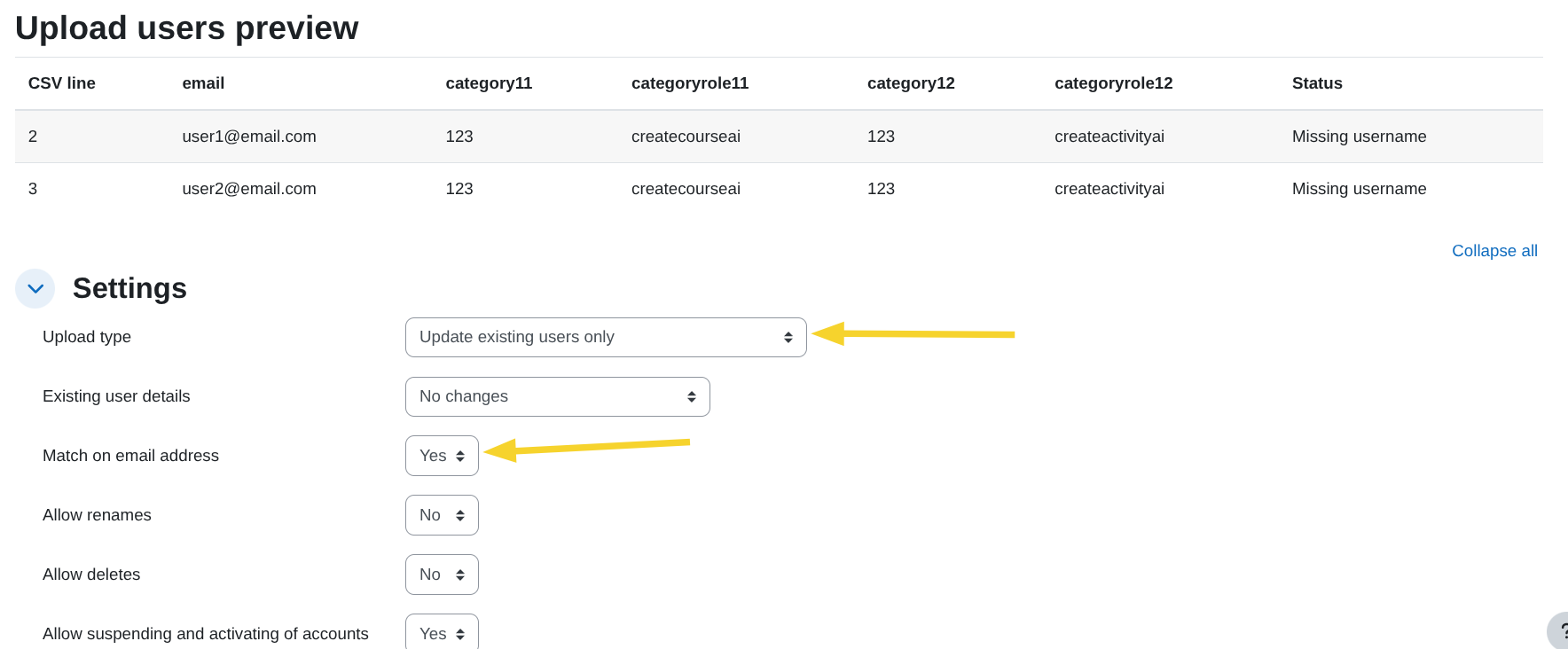 Upload users preview settings