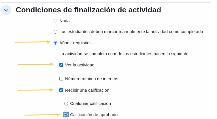 Configuración de actividad completada mostrando la calificación aprobatoria (útil para resolver problemas)