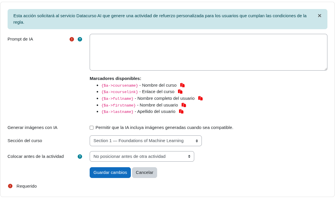 Configuración de actividad de refuerzo con IA (prompt + sección)