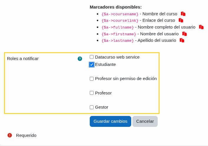 Roles para notificar (si está disponible)