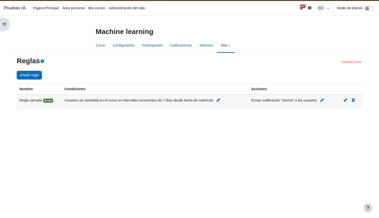 Lista de reglas mostrando la regla configurada
