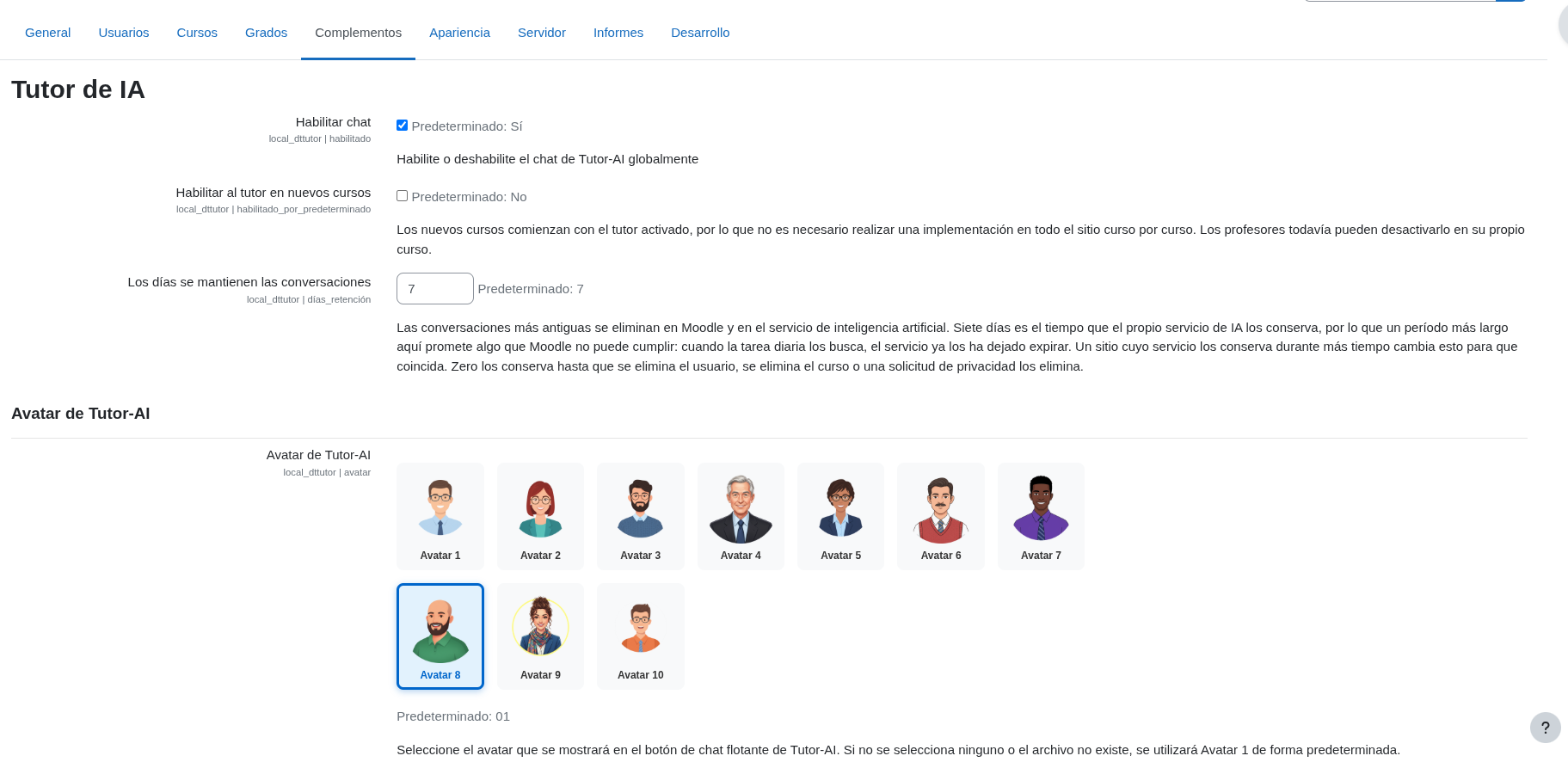 Ajustes generales y selección del avatar