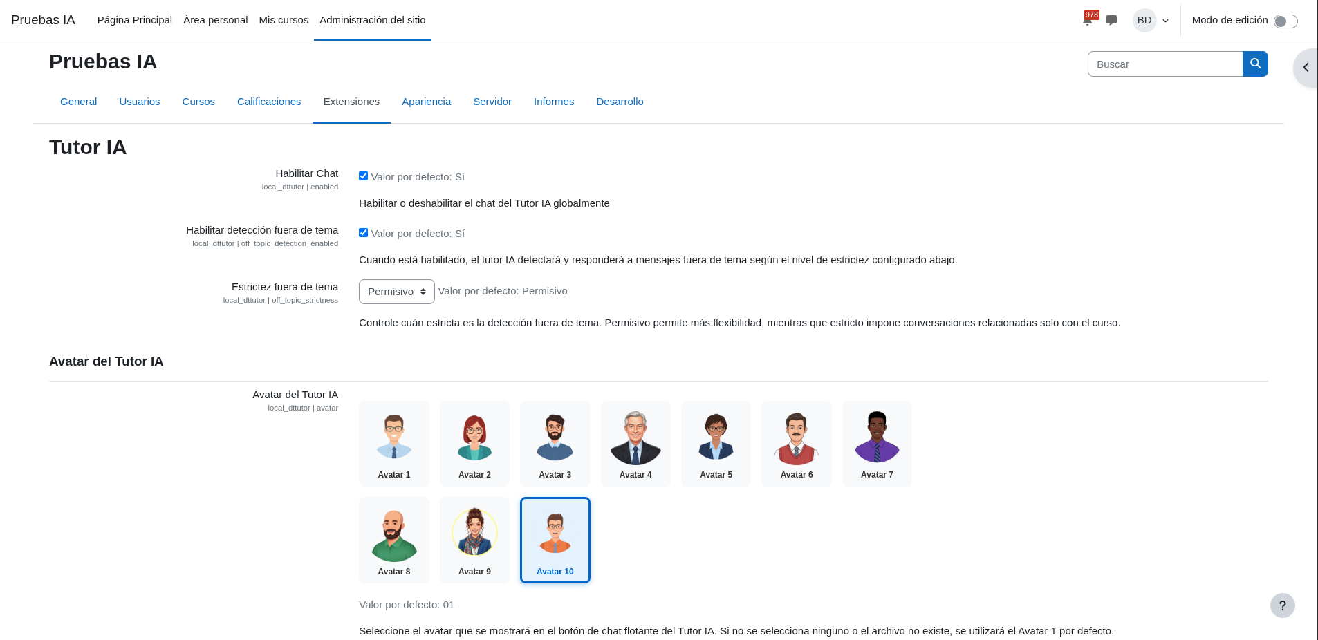 Configuración de Tutor AI (scroll 1: opciones generales)