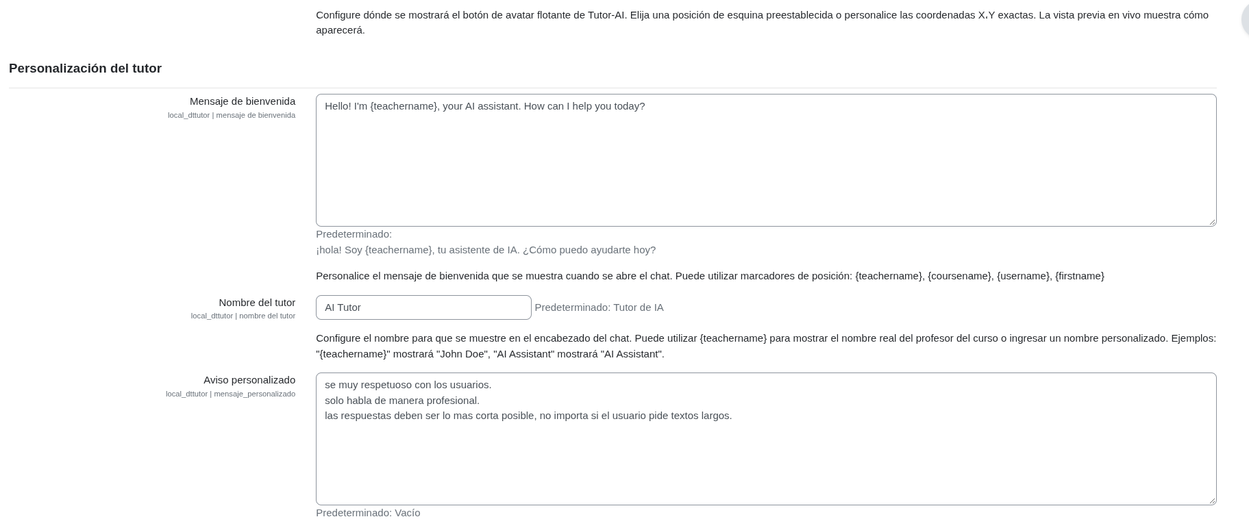 Mensaje de bienvenida, nombre del tutor y aviso personalizado