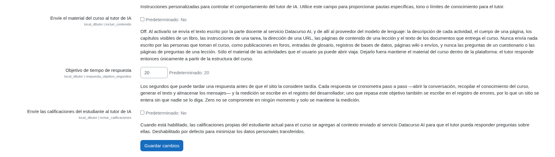 Material del curso, tiempo objetivo de respuesta y calificaciones