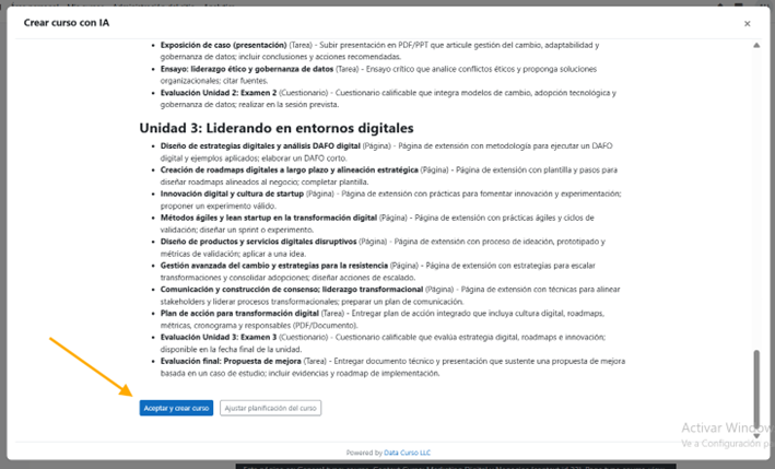 Aceptar y crear curso