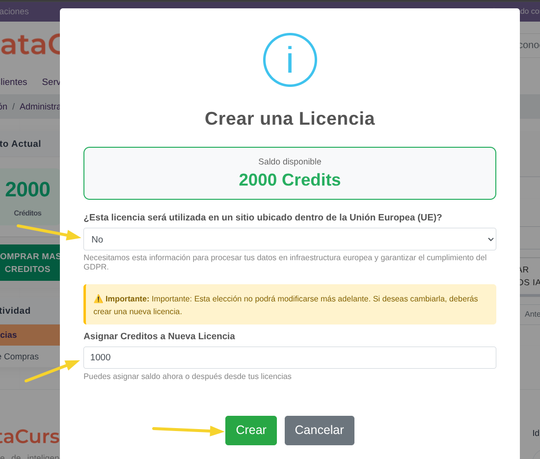 Confirmar creación de licencia