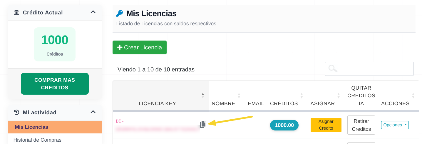 Copiar clave de licencia
