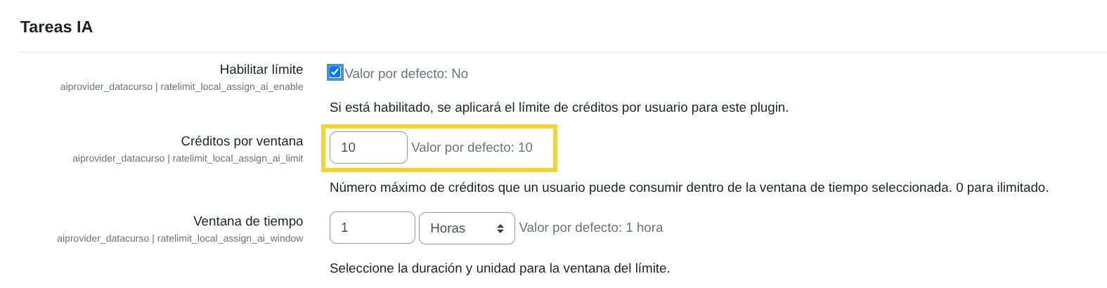 Límite de créditos por ventana
