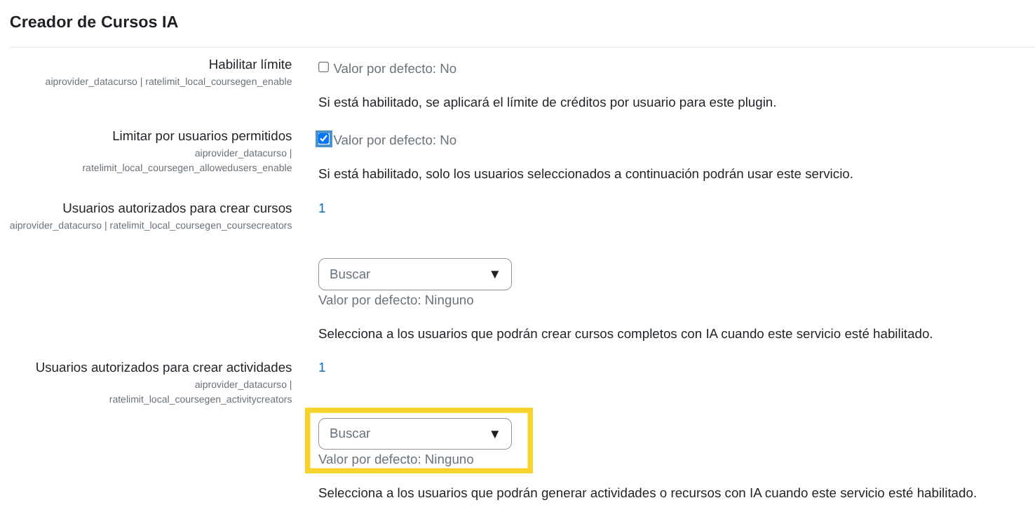 Creadores de actividades permitidos