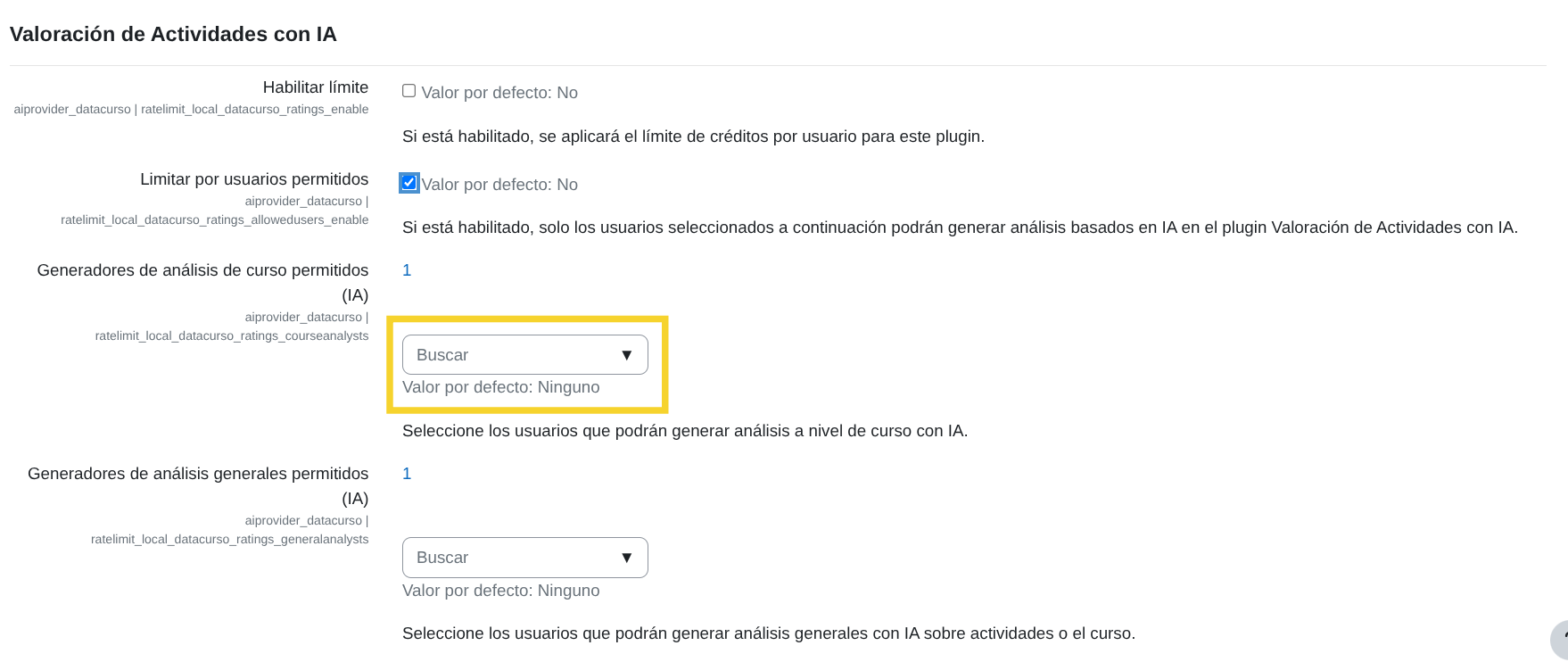 Generadores de análisis de curso permitidos (IA)