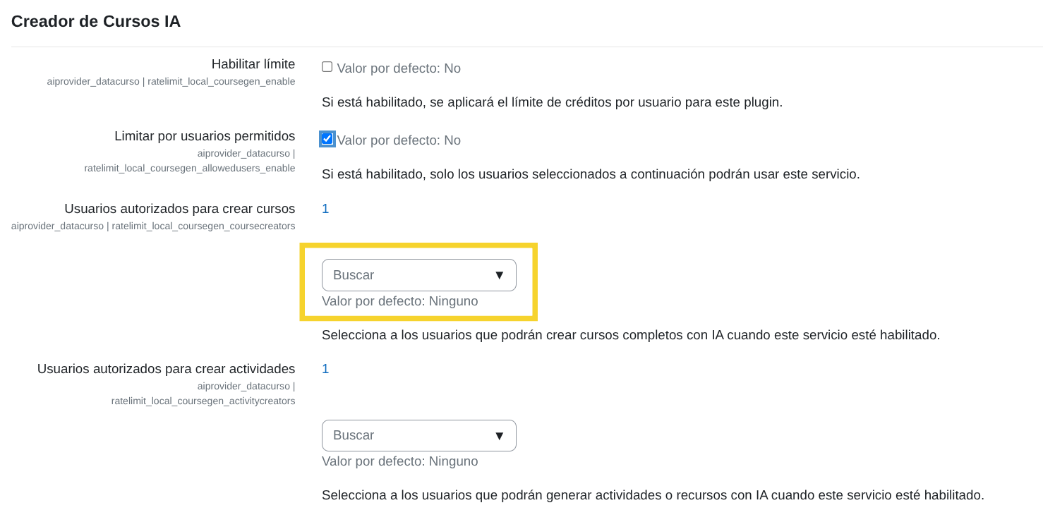 Creadores de curso permitidos