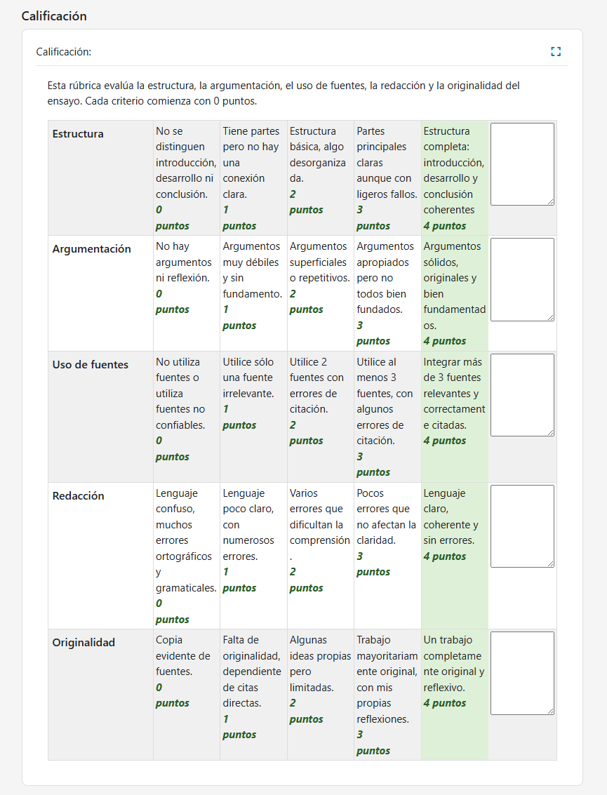 Vista de calificación con rúbrica