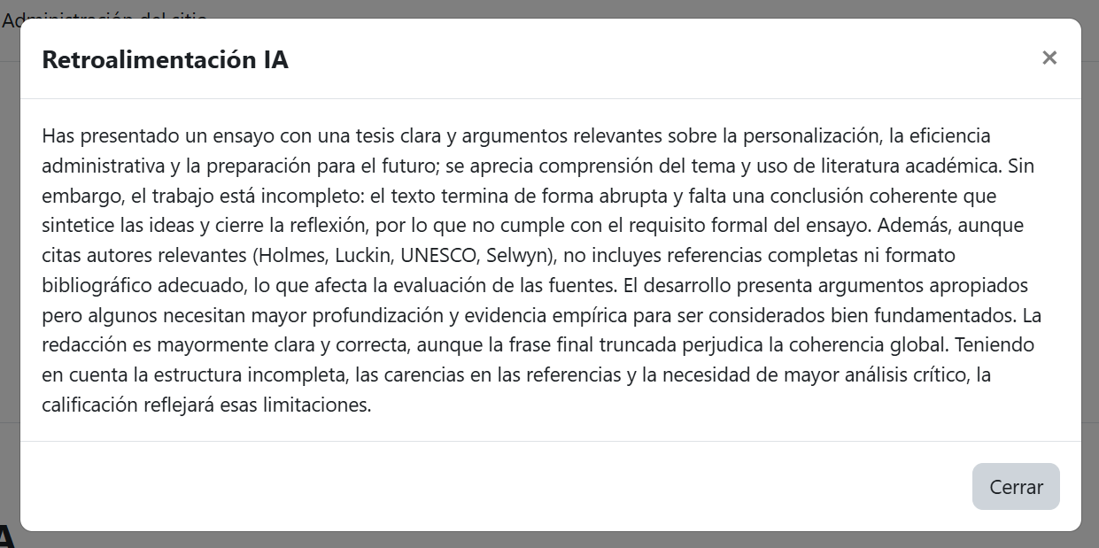 Detalles de retroalimentación en el historial