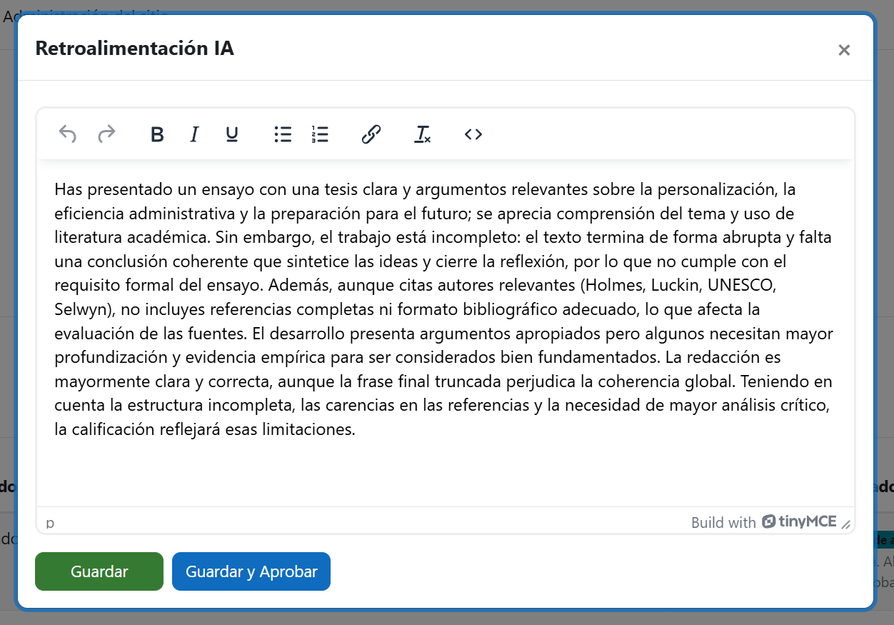 Modal de detalles de retroalimentación de IA