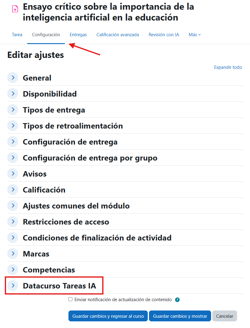 Ajustes de la sección