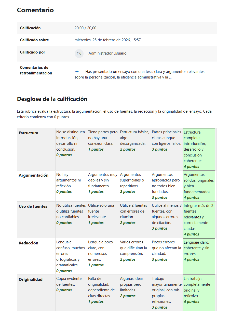 Vista de calificación del estudiante