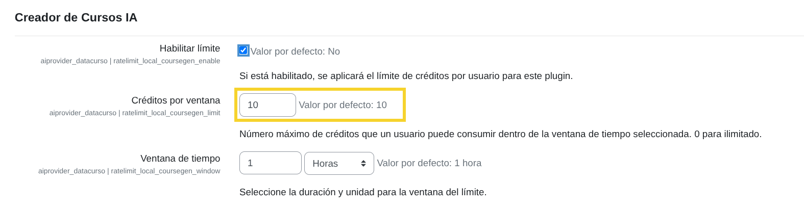 Límite de créditos por ventana