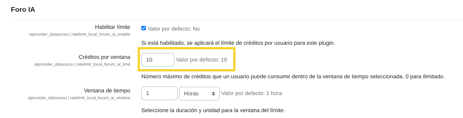 Límite de créditos por ventana
