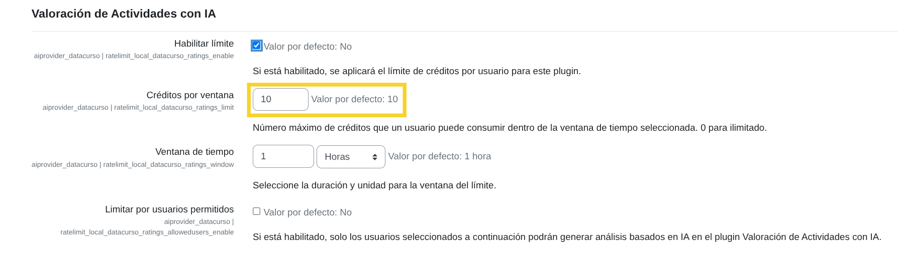 Límite de créditos por ventana