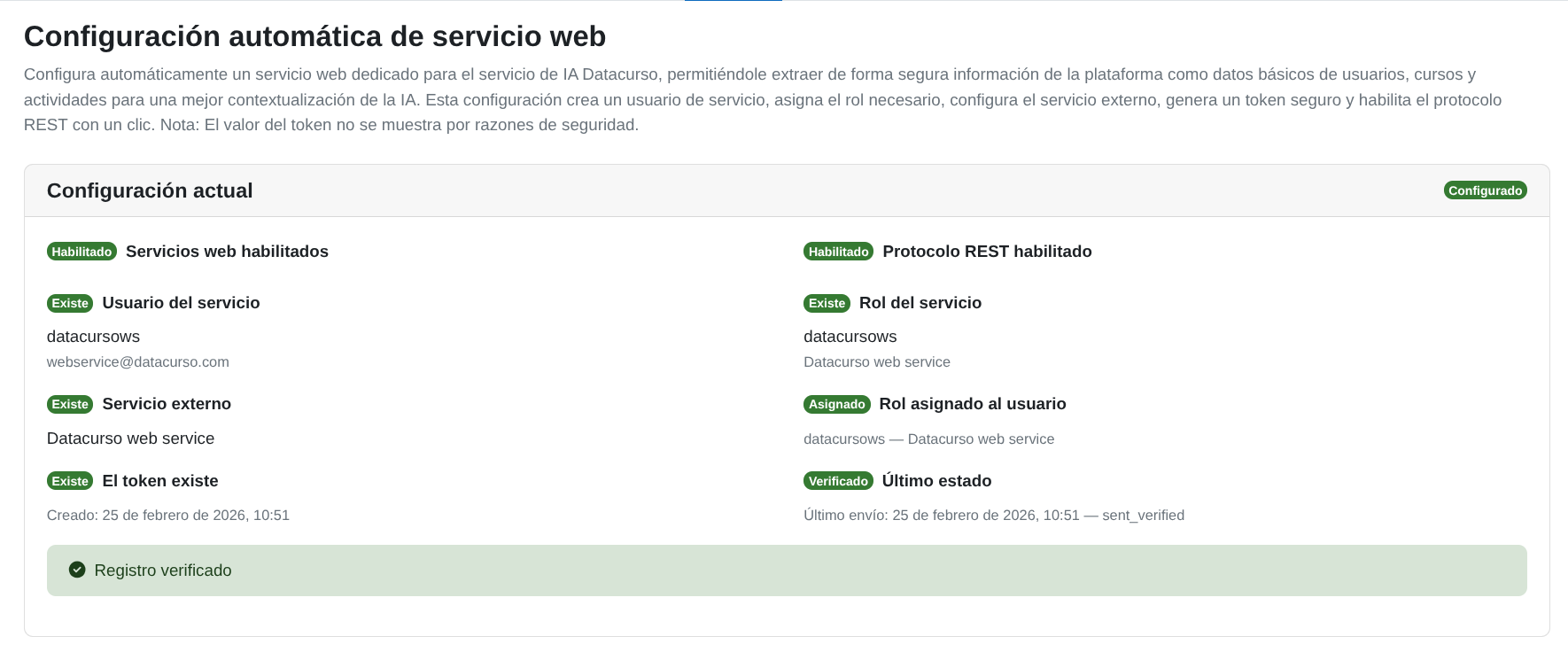 Servicio web configurado
correctamente