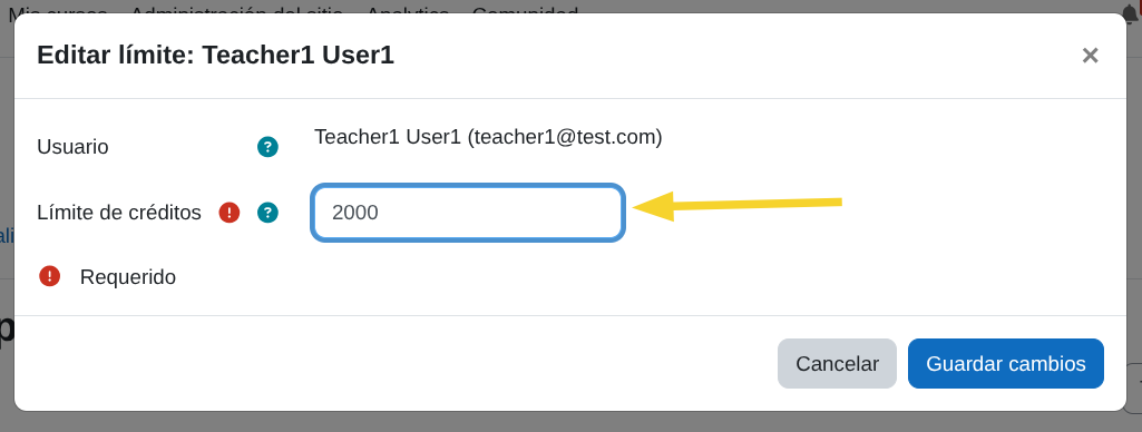 Modal editar límite de
créditos