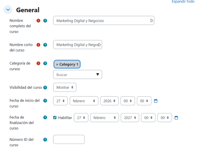 Completar detalles básicos del curso