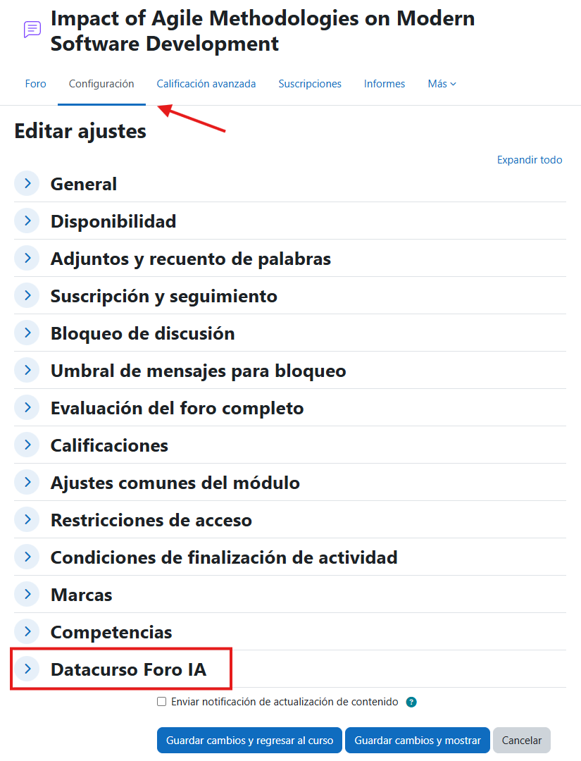 Ajustes de la sección