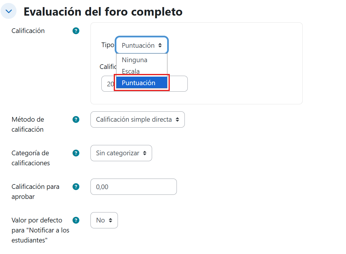 Tipo de calificación del foro completo