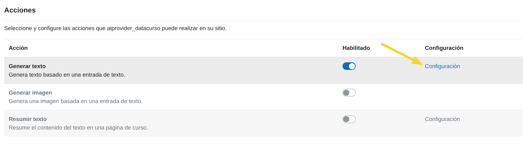 Configuración Generar texto