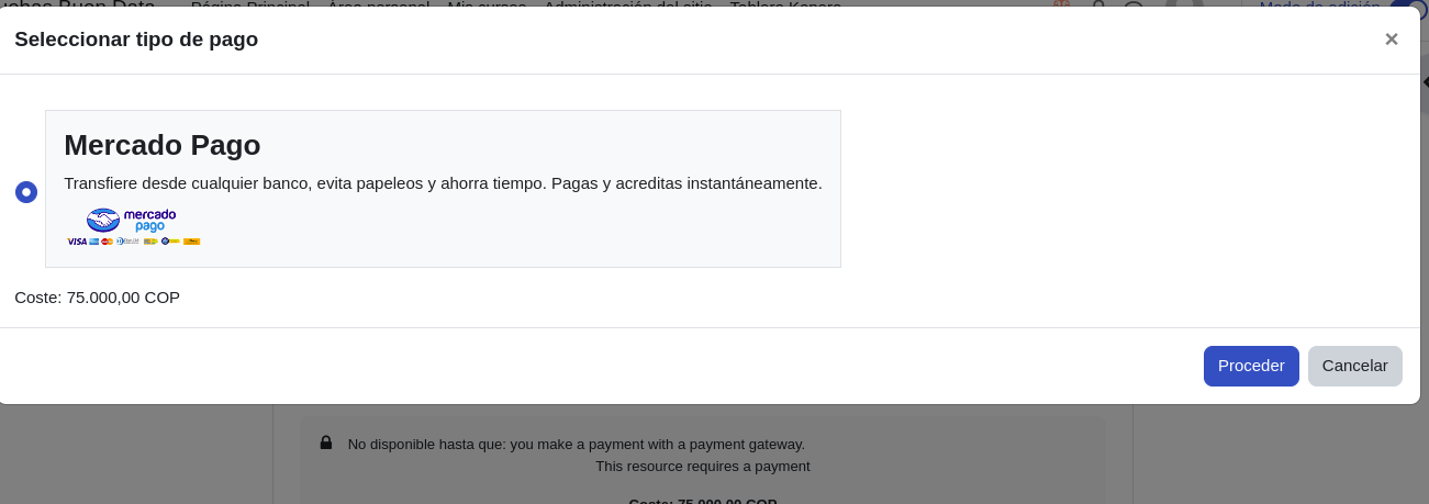 Modal de pago de actividad