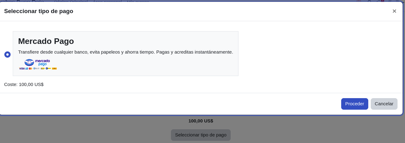 Modal de pago de curso