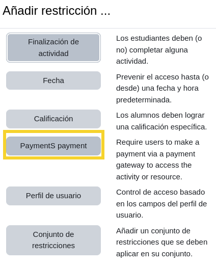 Seleccionar restricción de pago