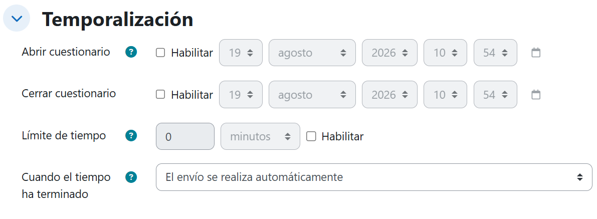 Cuestionario — Ajustes de temporalización