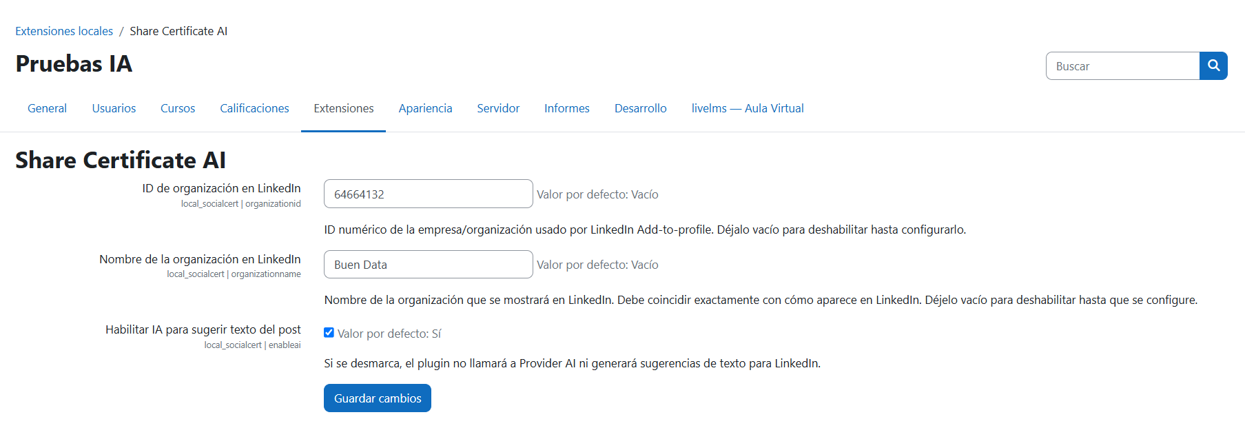 Ajustes generales de Compartir Certificado IA