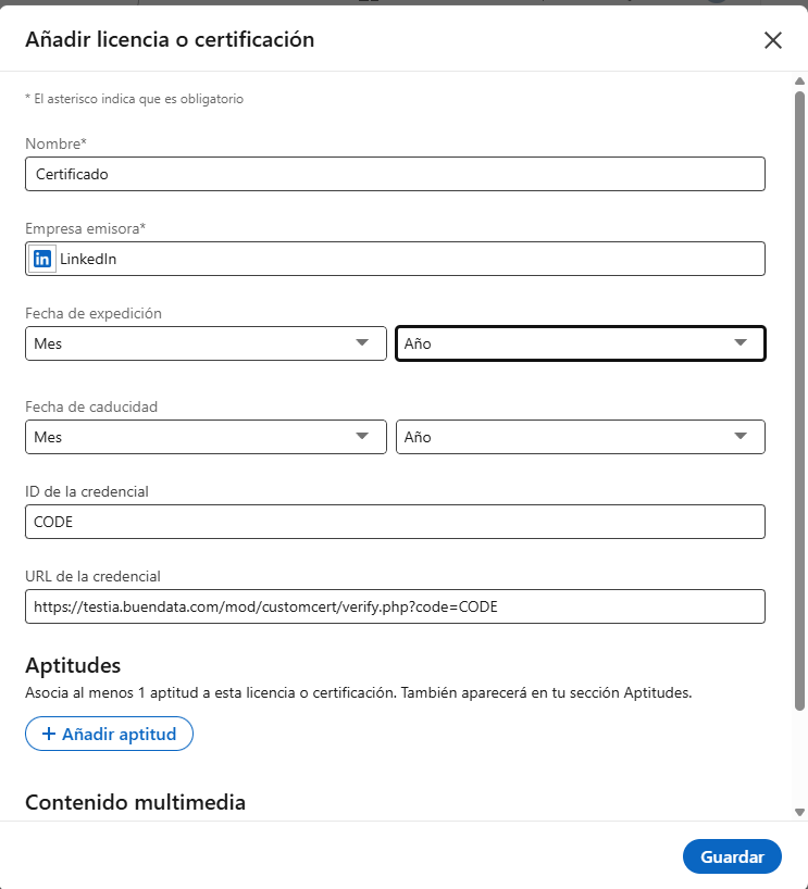 Formulario de LinkedIn precargado