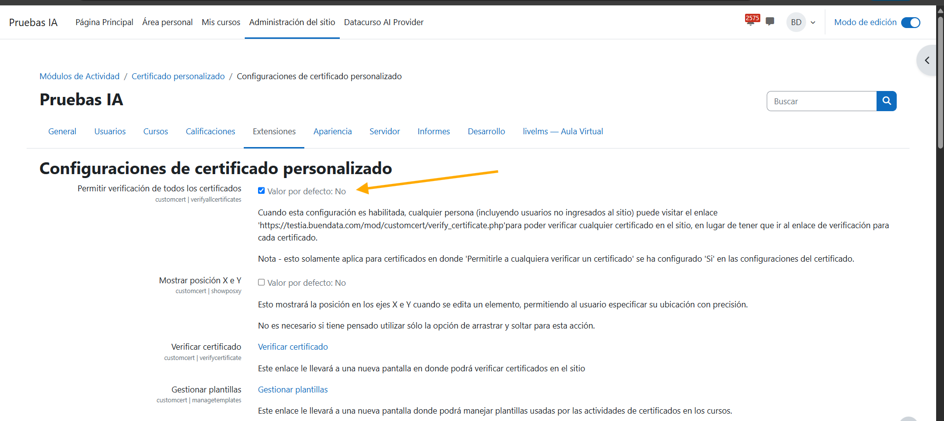Ajuste Permitir verificación de todos los certificados